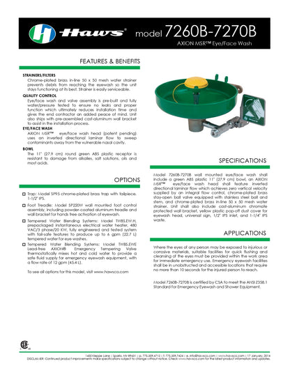 HAWS - AXION MSR 7260B-7270B Wall-Mounted Eye/Face Wash