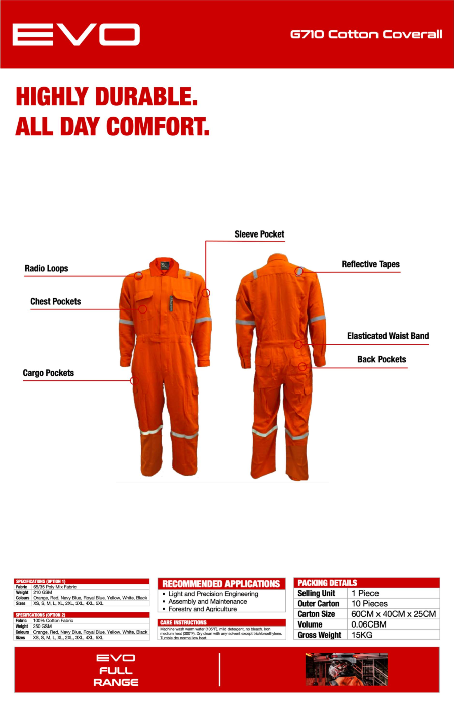 EVO - Cotton Coverall G710, 100% Cotton Fabric, 250 GSM