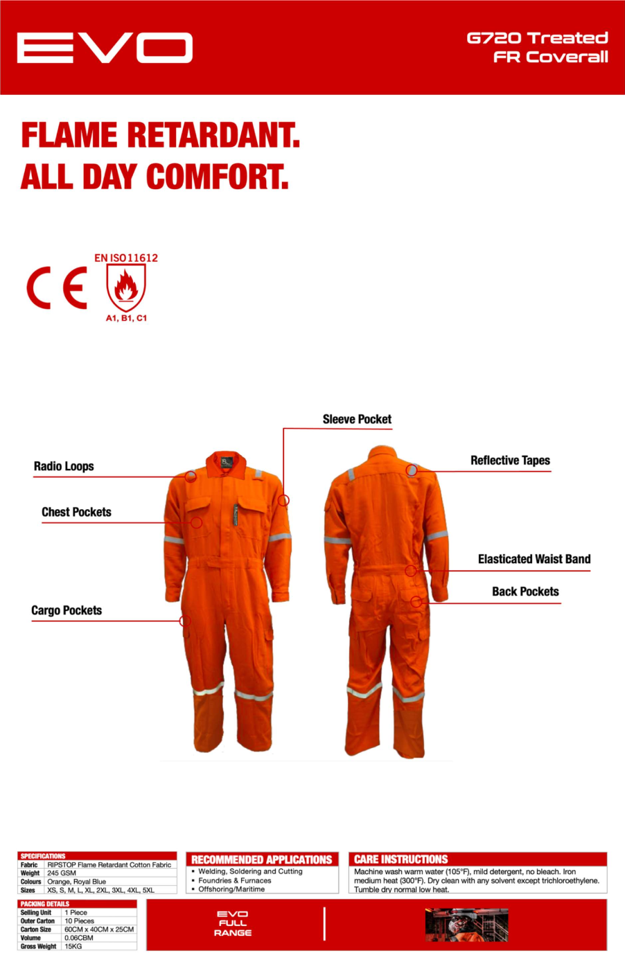 EVO - Treated FR Coverall G720, Ripstop Flame Retardant Cotton Fabric, 245 GSM